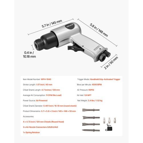 Air Hammer, 4500BPM Pneumatic Hammer with 1.57-inch Stroke & 4PCS Chisels Round Shank, Lightweight & Compact Air Chisel Pneumatic Shovel Tool for Cutting Punching Scraping