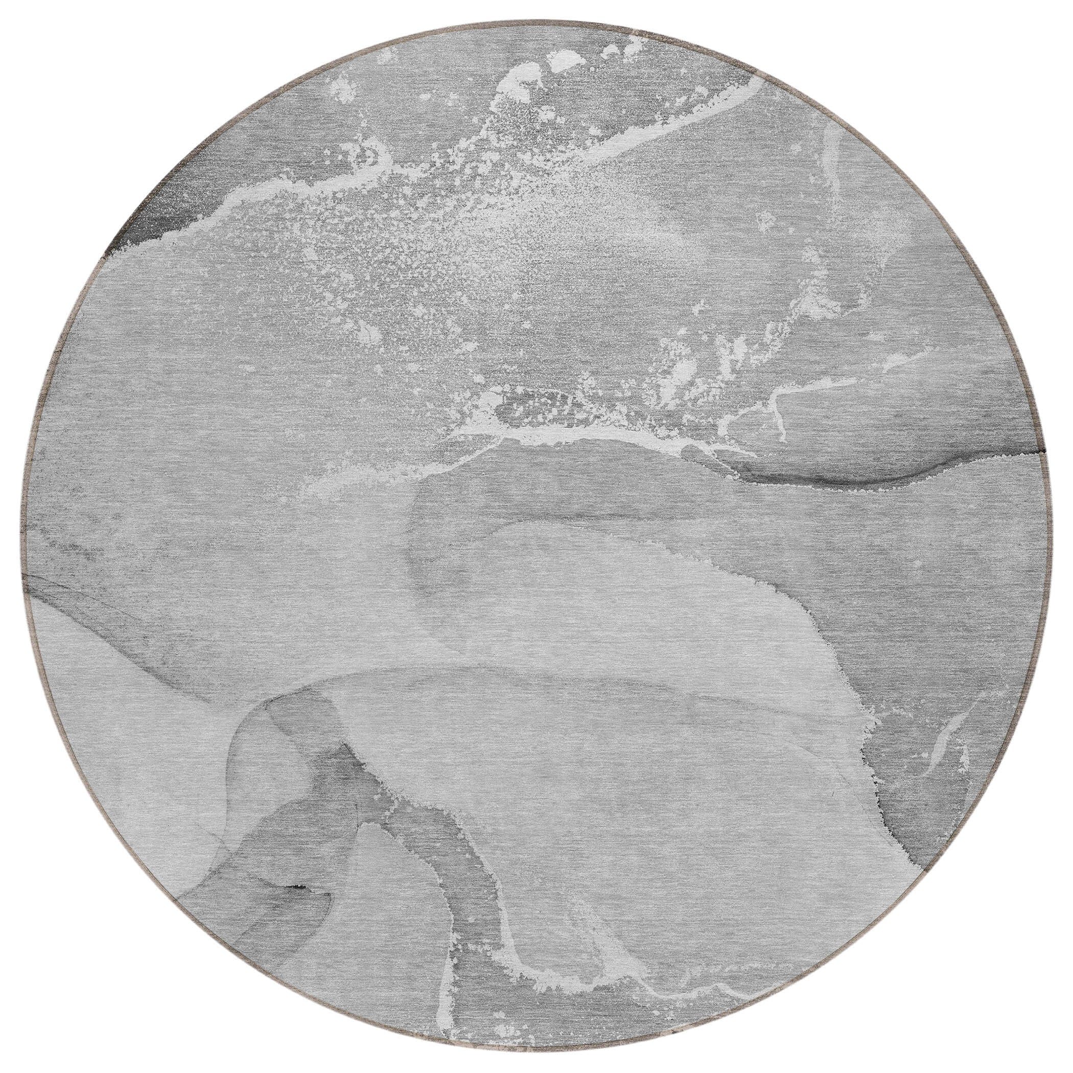 8' Round Gray and Ivory Round Abstract Washable Non Skid Indoor Outdoor Area Rug
