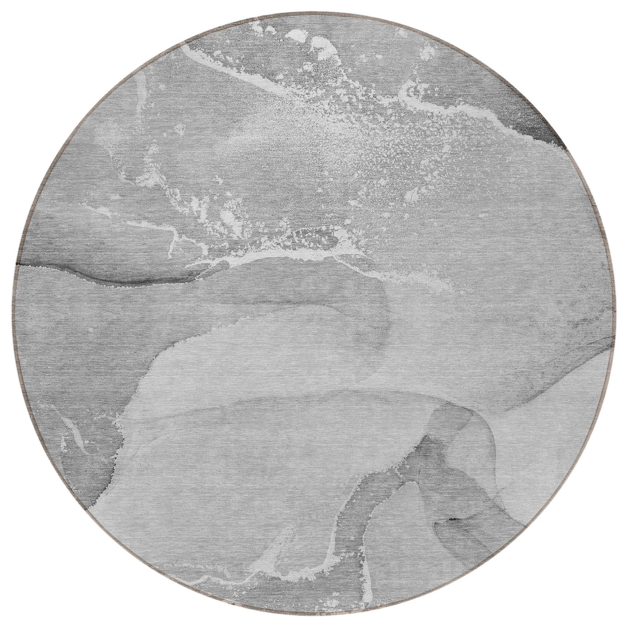 8' Round Gray and Ivory Round Abstract Washable Non Skid Indoor Outdoor Area Rug