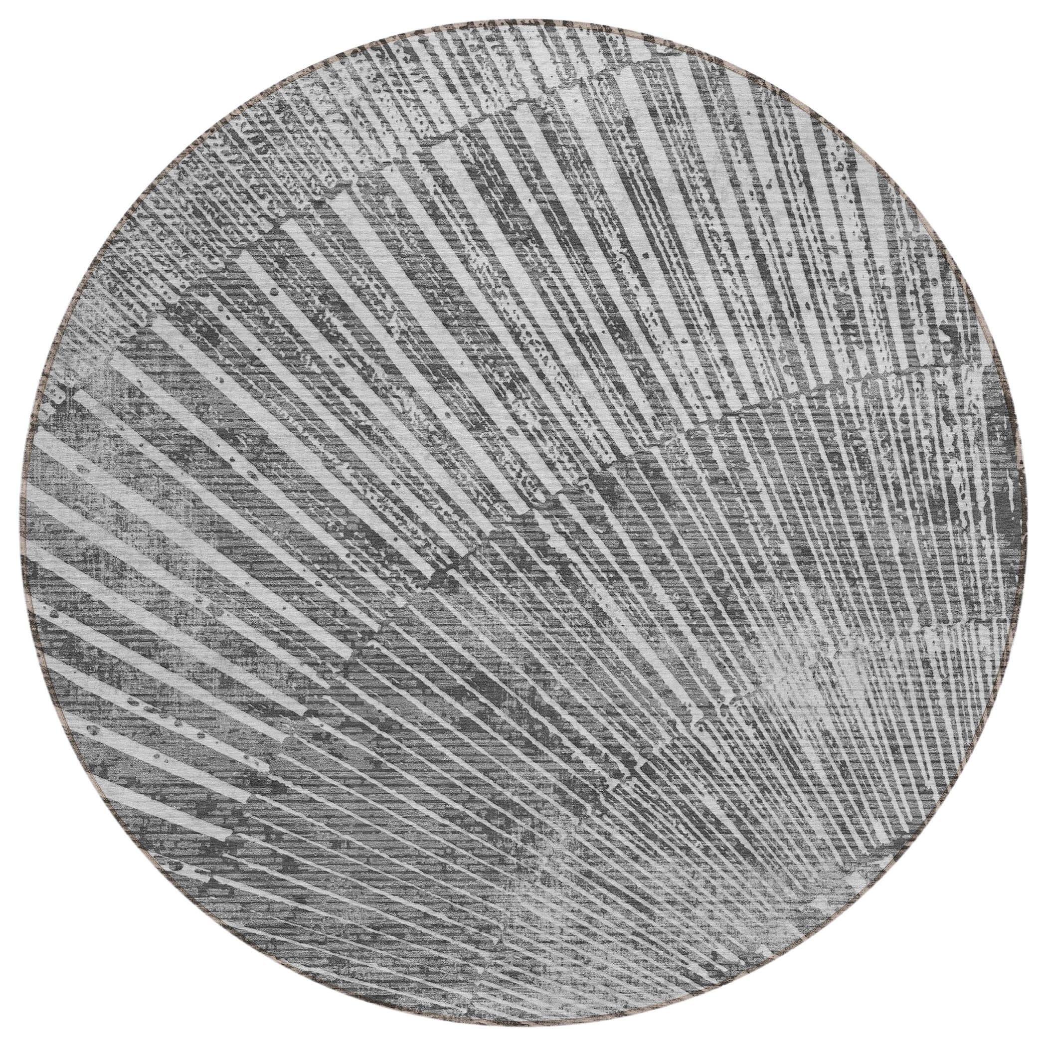 8' Round Gray and Ivory Round Abstract Washable Non Skid Indoor Outdoor Area Rug