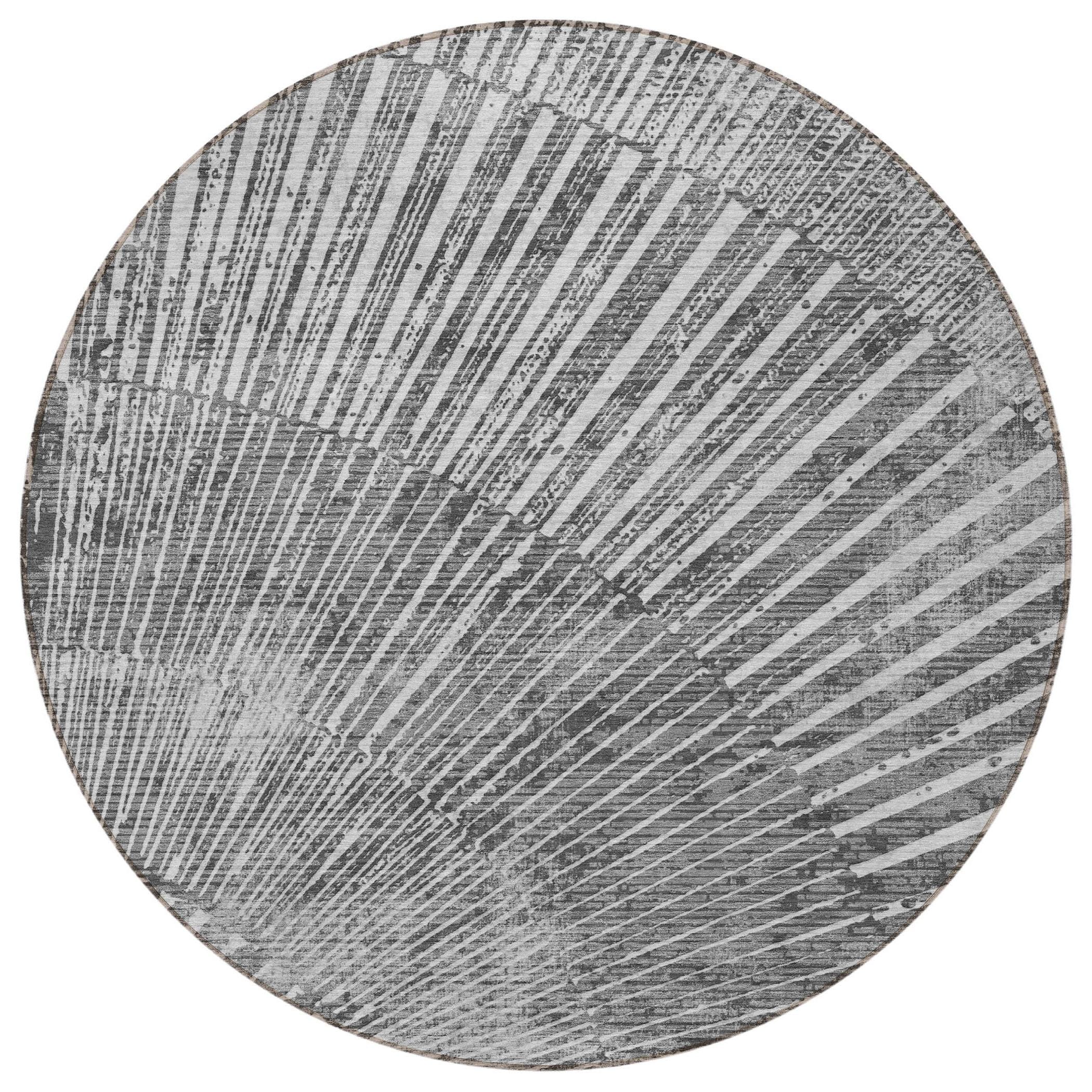 8' Round Gray and Ivory Round Abstract Washable Non Skid Indoor Outdoor Area Rug