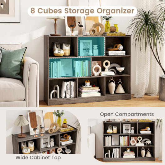 Costway 3-Tier Open Bookcase 8-Cube Floor Standing Storage Shelves Display Cabinet-Gray