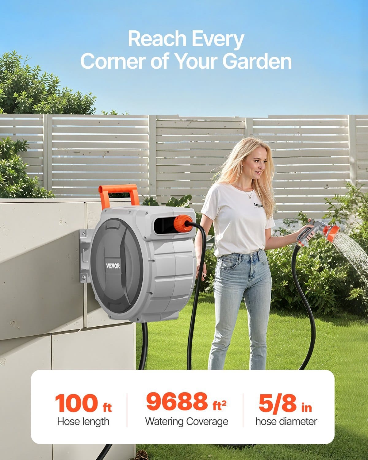 Retractable Garden Hose Reel, 5/8 Inch x 100 ft Wall Mounted Hose Reel, Heavy Duty Garden Hose Reel with 9 Patterns Nozzle, Any Length Lock, Upgraded Slow Return System and 180?°Swivel Bracket