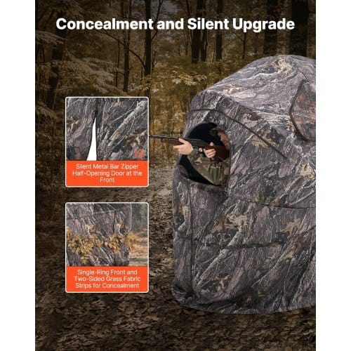 Hunting Blind, Single Person Ground Blinds with Carrying Bag, Portable Camouflage Tent, Reinforced Durable Concealed Shelter with Silent Zipper Door and Window, for Turkey and Deer