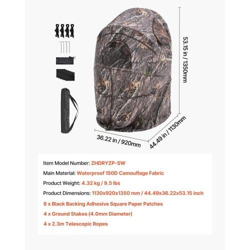 Hunting Blind, Single Person Ground Blinds with Carrying Bag, Portable Camouflage Tent, Reinforced Durable Concealed Shelter with Silent Zipper Door and Window, for Turkey and Deer