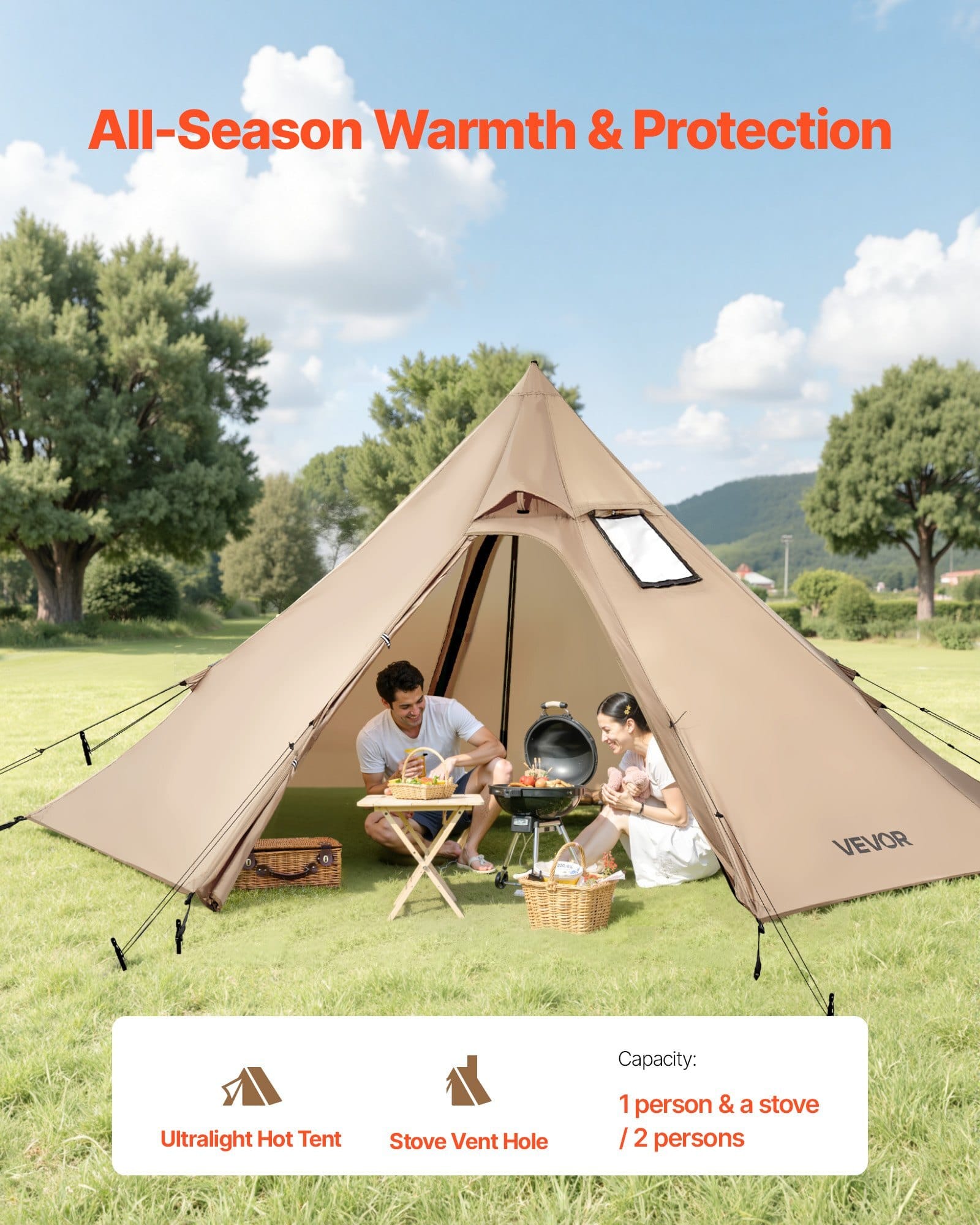 Hot Tent for 2 Persons, Portable Winter Tipi Tent with Stove Jack, Waterproof Camping Tents,  Lightweight 4 Season Shelter Tents for Hiking Fishing Backpacking, S Size