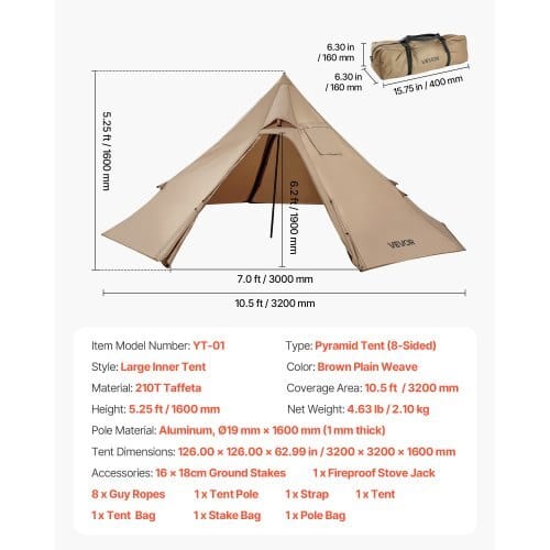 Hot Tent for 2 Persons, Portable Winter Tipi Tent with Stove Jack, Waterproof Camping Tents,  Lightweight 4 Season Shelter Tents for Hiking Fishing Backpacking, S Size