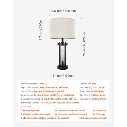 Table Lamps Set of 2, Dimmable Farmhouse Bedside Nightstand Lamps, Vintage Lamp with LED Bulb and Linen Shades, Bedside Lamp with USB C+A Ports & AC Outlet, for Living Room, Bedroom & Office