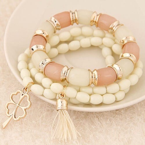 Golden Four-leaf Clover and Tassel Pendants Multi-layer Beads Fashion Bracelet - White