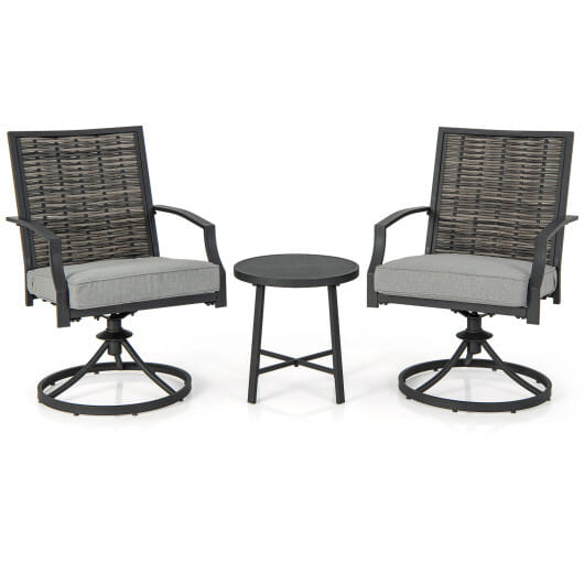 3 Piece Patio Swivel Chair Set with Soft Seat Cushions for Backyard - Color: Black