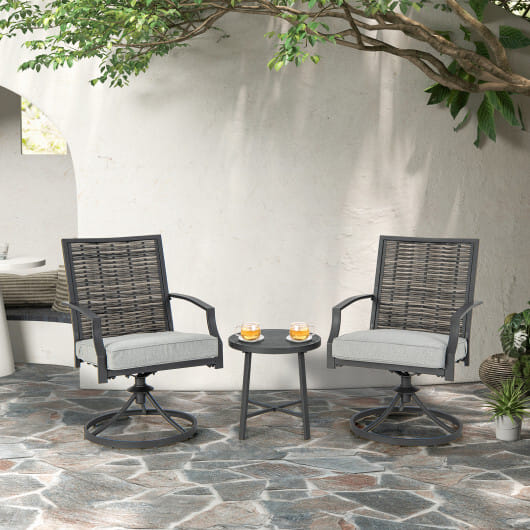 3 Piece Patio Swivel Chair Set with Soft Seat Cushions for Backyard - Color: Black