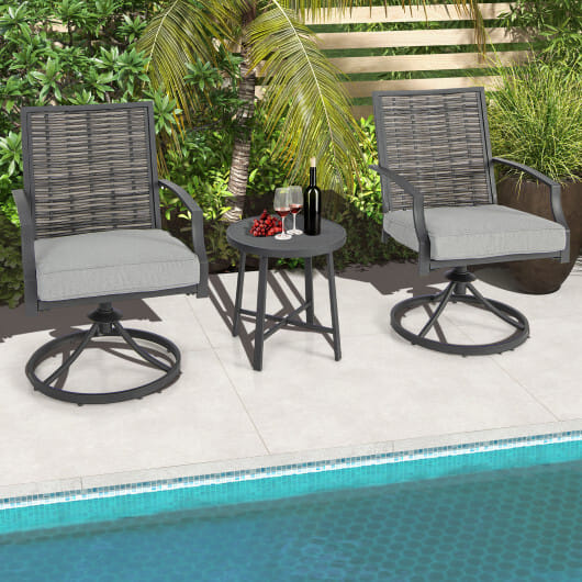 3 Piece Patio Swivel Chair Set with Soft Seat Cushions for Backyard - Color: Black