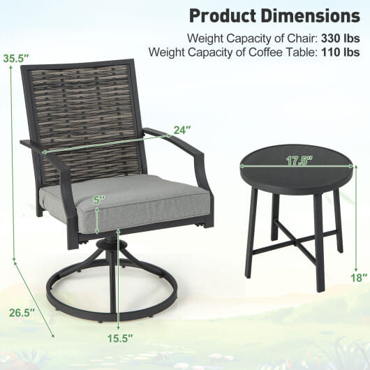 3 Piece Patio Swivel Chair Set with Soft Seat Cushions for Backyard - Color: Black