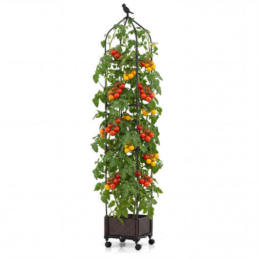 Costway 1 PCS Raised Garden Bed Tomato Cage Planter Box with PE-Coated Metal Trelli Wheels