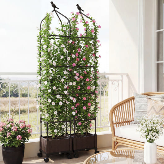 Costway 1 PCS Raised Garden Bed Tomato Cage Planter Box with PE-Coated Metal Trelli Wheels