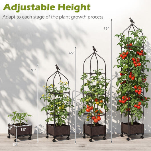 Costway 1 PCS Raised Garden Bed Tomato Cage Planter Box with PE-Coated Metal Trelli Wheels