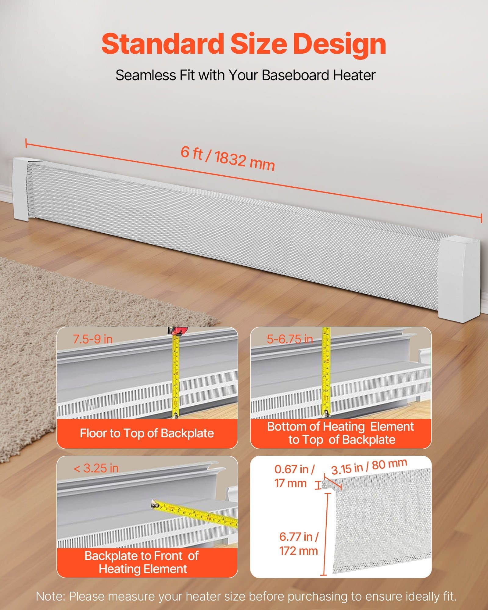Baseboard Heater Covers, Premium Series 6 ft Standard Electric Heating Unit Front Cover for Home Improvement, Heavy-duty Steel, Easy Installation for Bedroom Replacing Old Cover, White