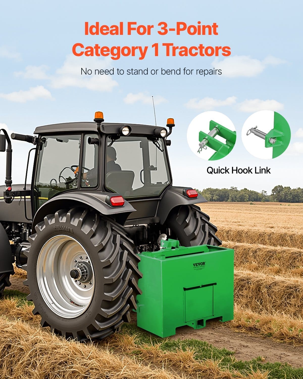 Ballast Box, 3-Point Category 1 Tractor Ballast of 800lbs Capacity, for 2 Inch Hitch Receiver, Heavy-Duty Steel 4.3 ft³ Large Volume Loader Attachment with Sliding Door, Green