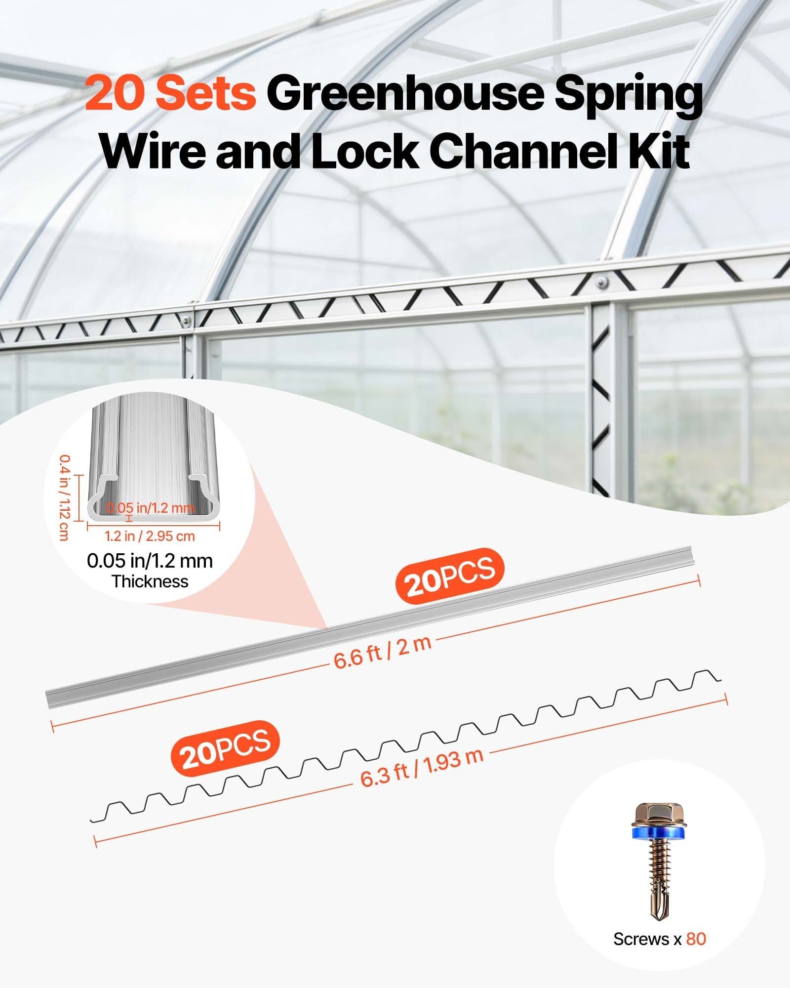 Greenhouse Spring Wire and Lock Channel, 20 Packs 6.56 ft PVC-Coated Wiggle Wire & Aluminum Alloy Channel Bundle Kit with Included Screws, 0.05 in Thickened, Poly Film & Shade Cloth Attachments