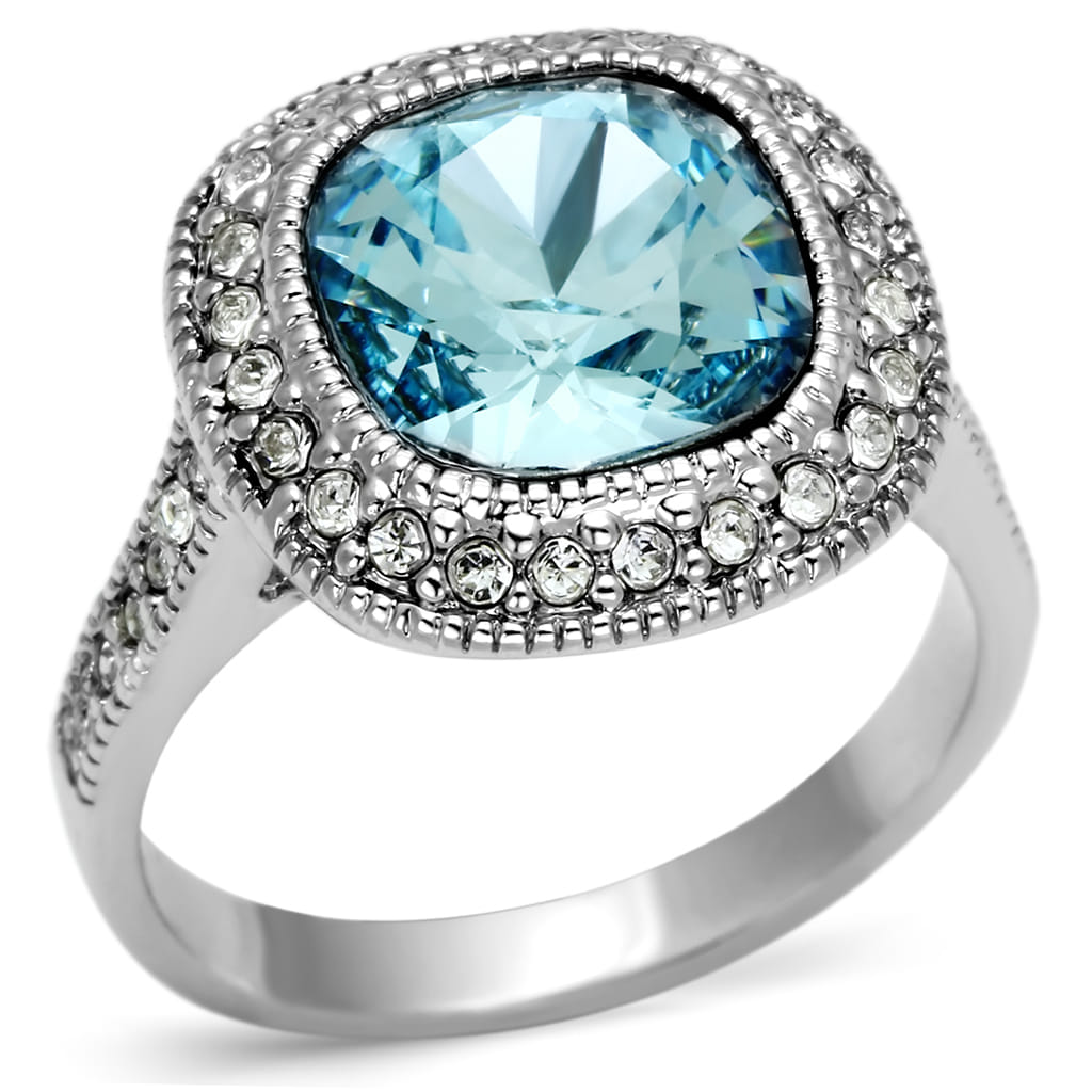LO2506 - Rhodium Brass Ring with Top Grade Crystal in Sea Blue