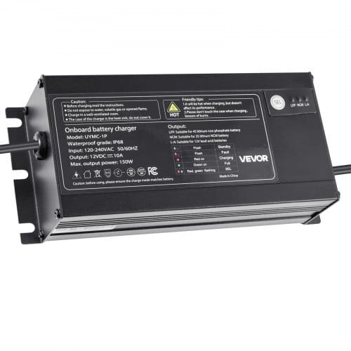 Marine Battery Charger, 1-Bank, 10A 12V Onboard Boat Charger, IP68 Waterproof Smart On-Board Battery Charger, for Lithium-Ion (LiFePO4), NCM, Lead-Acid Batteries, Large Boat, Yacht, RV, Trailer