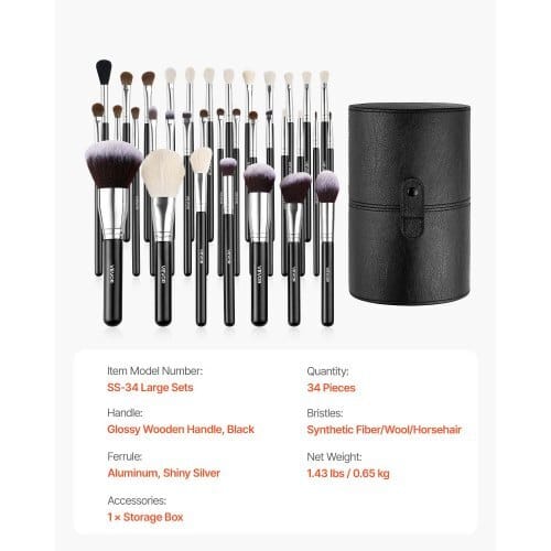 34-Piece Makeup Brush Set, Professional Brushes Kit for Foundation Blending Eyeshadow Concealer Blush - with Soft Bristles, Ergonomic Wood Handle, Travel-Friendly Case Included