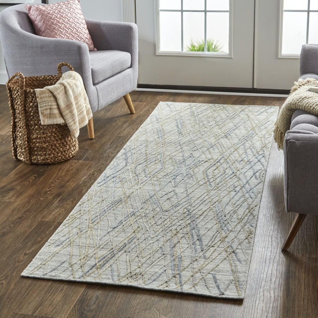 10' Gray and Ivory Abstract Hand Woven Runner Rug
