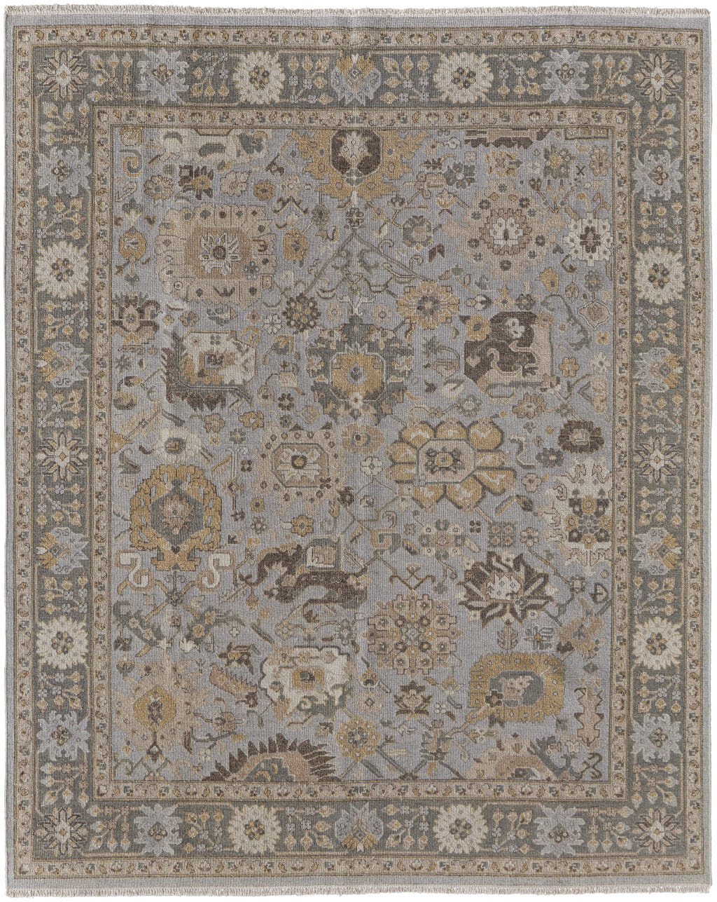 9' X 13' Gray and Brown Wool Oriental Hand Knotted Area Rug With Fringe