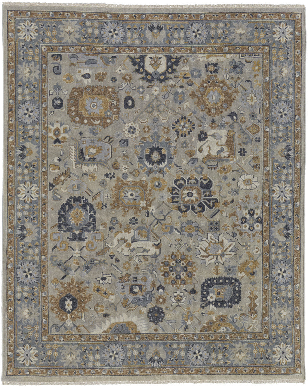 9' X 13' Gray and Brown Wool Oriental Hand Knotted Area Rug With Fringe