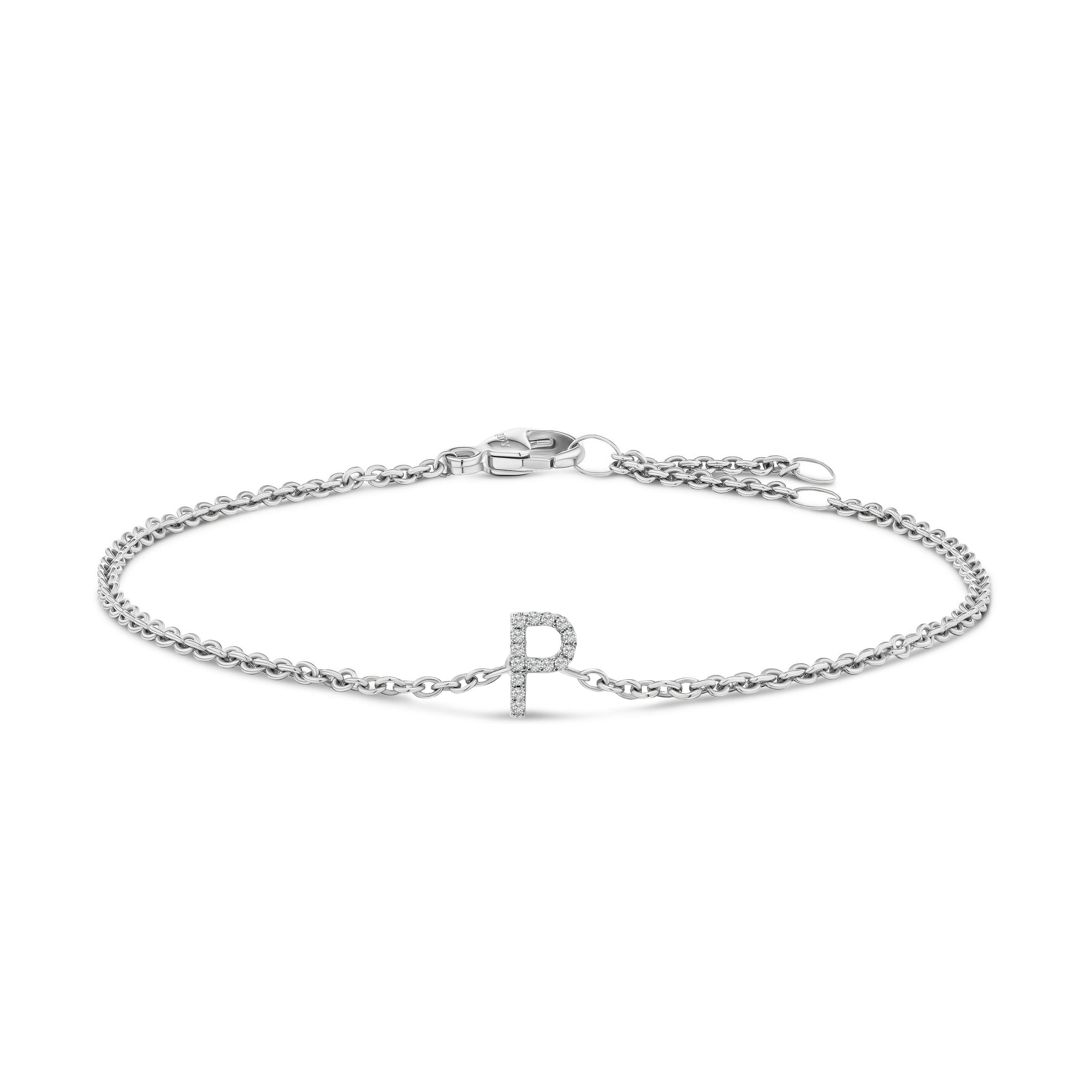 10K White Gold Diamond Accent "P" Initial Charm and Link Bracelet