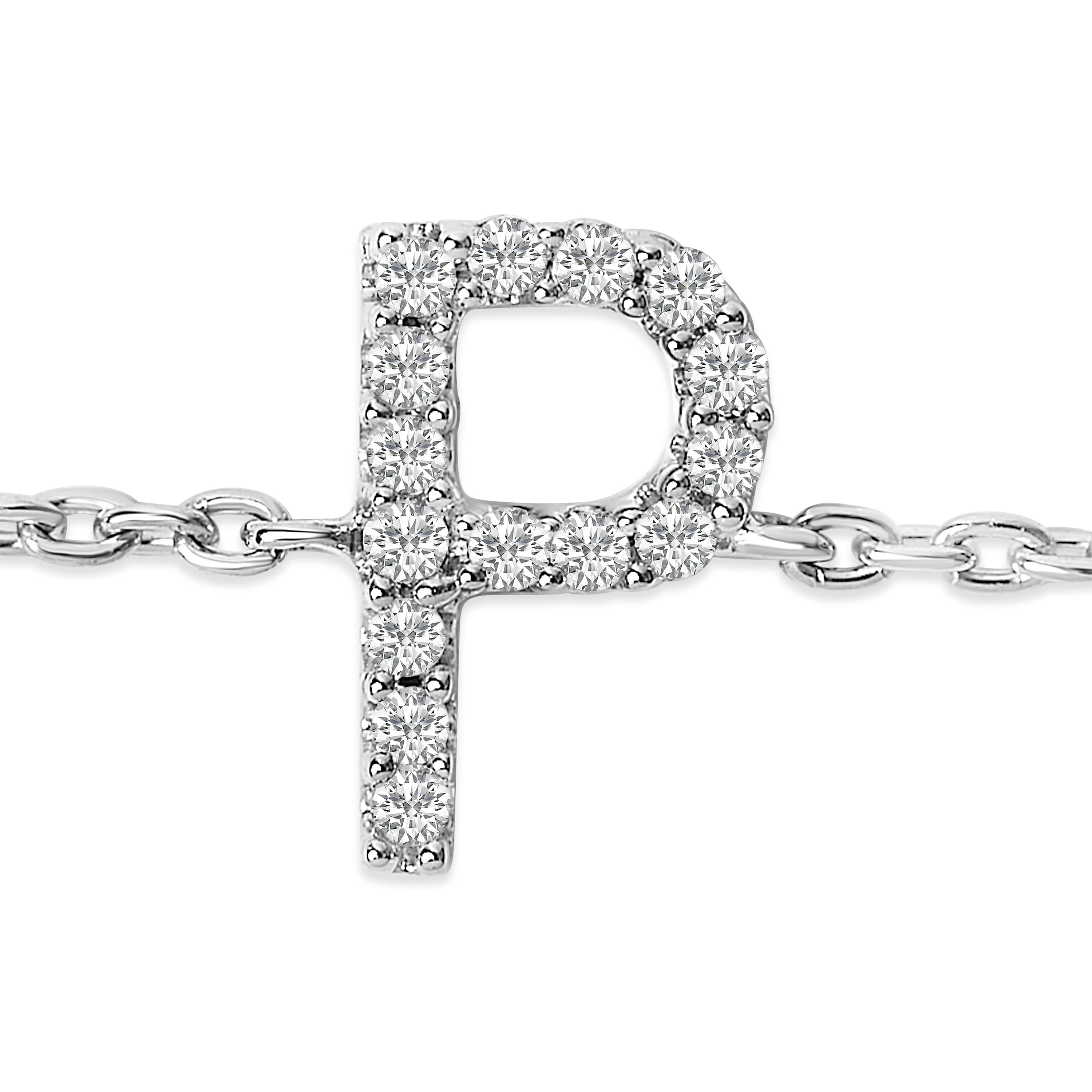 10K White Gold Diamond Accent "P" Initial Charm and Link Bracelet