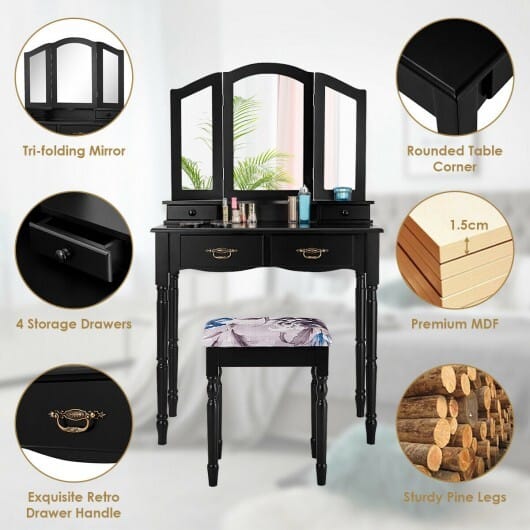 Simple Vanity Set with Tri-Folding Mirror Drawers and Storage Shelf-White