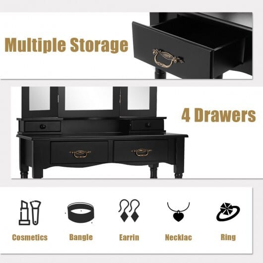 Simple Vanity Set with Tri-Folding Mirror Drawers and Storage Shelf-White