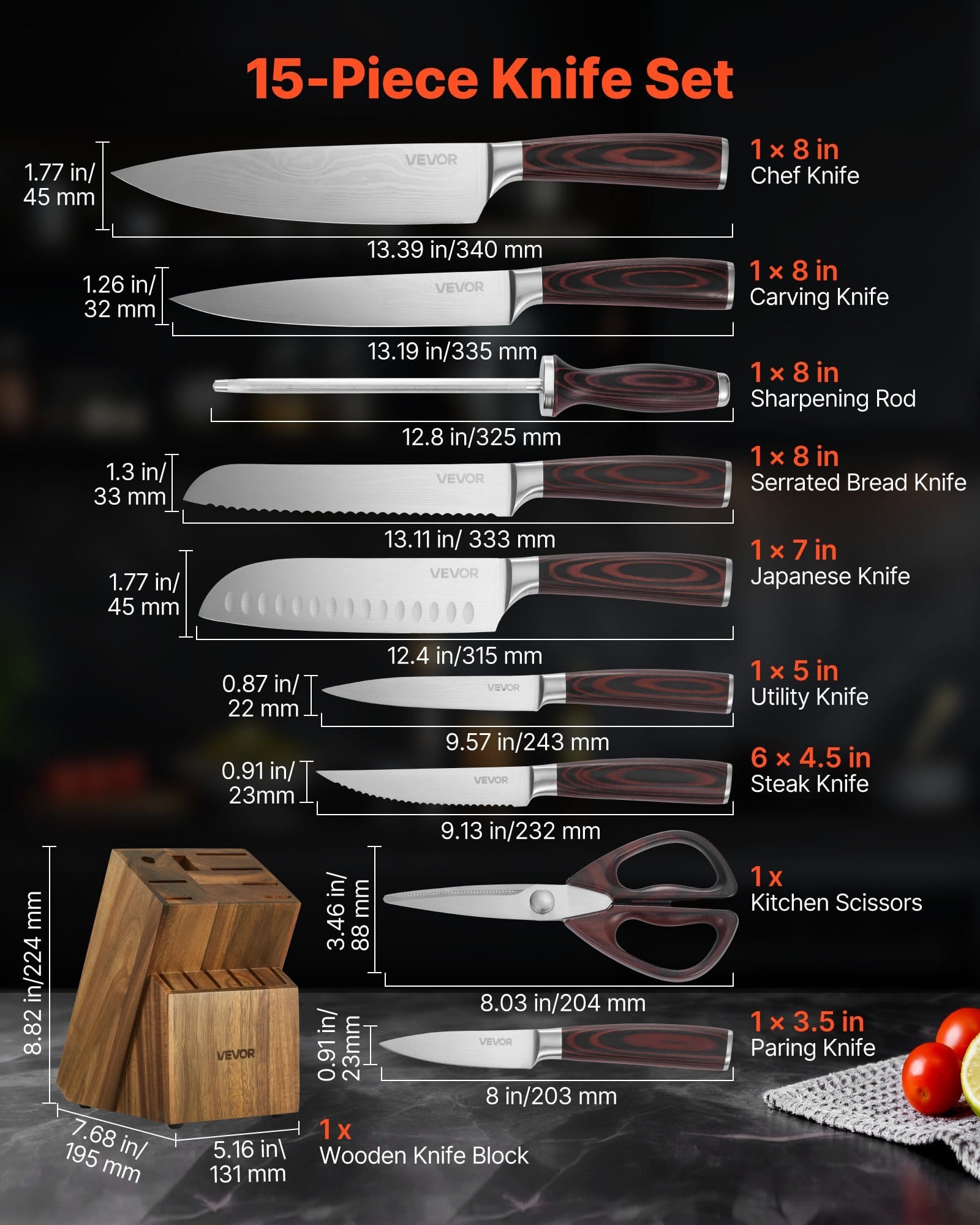 Kitchen Knife Set with Block and Sharpener, 15 Piece High Carbon Stainless Steel Knife Set, Rust-Resistant Kitchen Cutlery with Ergonomic Handle, Sharpening Rod & Premium Wooden Block, for Home