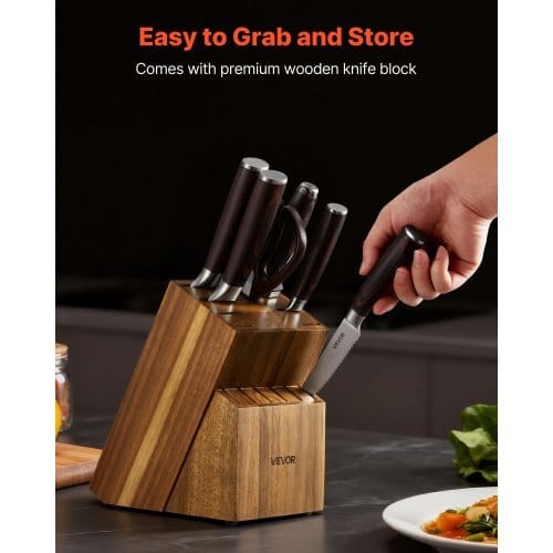 Kitchen Knife Set with Block and Sharpener, 15 Piece High Carbon Stainless Steel Knife Set, Rust-Resistant Kitchen Cutlery with Ergonomic Handle, Sharpening Rod & Premium Wooden Block, for Home