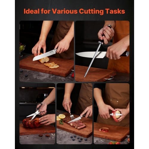 Kitchen Knife Set with Block and Sharpener, 15 Piece High Carbon Stainless Steel Knife Set, Rust-Resistant Kitchen Cutlery with Ergonomic Handle, Sharpening Rod & Premium Wooden Block, for Home