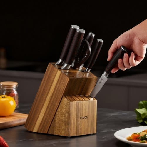 Kitchen Knife Set with Block and Sharpener, 15 Piece High Carbon Stainless Steel Knife Set, Rust-Resistant Kitchen Cutlery with Ergonomic Handle, Sharpening Rod & Premium Wooden Block, for Home