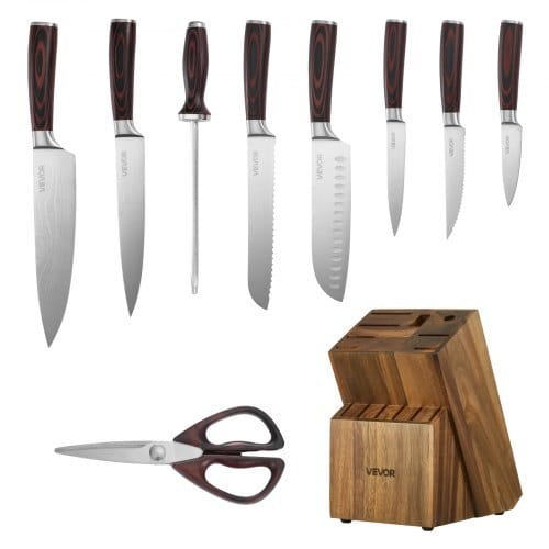 Kitchen Knife Set with Block and Sharpener, 15 Piece High Carbon Stainless Steel Knife Set, Rust-Resistant Kitchen Cutlery with Ergonomic Handle, Sharpening Rod & Premium Wooden Block, for Home