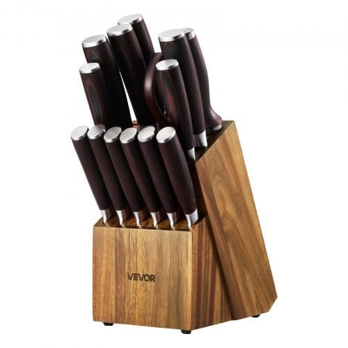 Kitchen Knife Set with Block and Sharpener, 15 Piece High Carbon Stainless Steel Knife Set, Rust-Resistant Kitchen Cutlery with Ergonomic Handle, Sharpening Rod & Premium Wooden Block, for Home