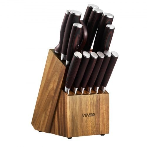 Kitchen Knife Set with Block and Sharpener, 15 Piece High Carbon Stainless Steel Knife Set, Rust-Resistant Kitchen Cutlery with Ergonomic Handle, Sharpening Rod & Premium Wooden Block, for Home