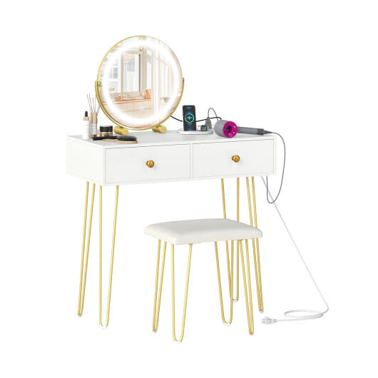 Vanity Desk with with Lighted Adjustable Mirror for Bedroom-White - Color: White