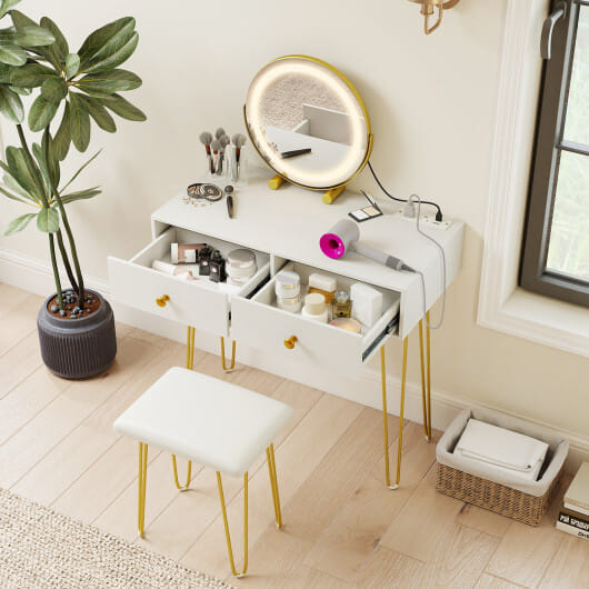 Vanity Desk with with Lighted Adjustable Mirror for Bedroom-White - Color: White