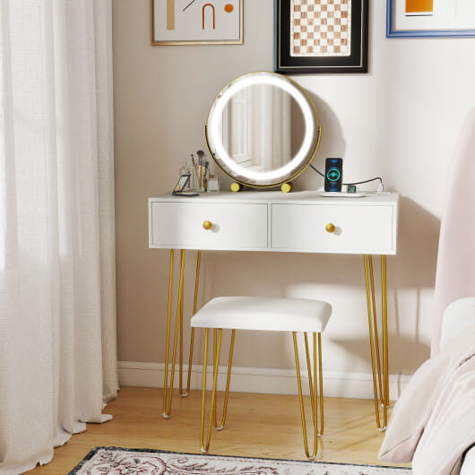 Vanity Desk with with Lighted Adjustable Mirror for Bedroom-White - Color: White
