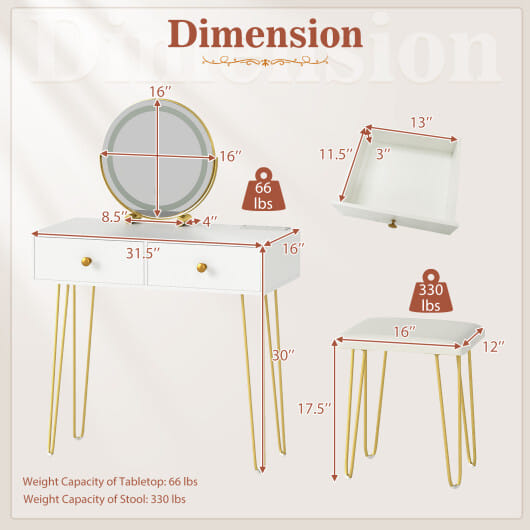 Vanity Desk with with Lighted Adjustable Mirror for Bedroom-White - Color: White