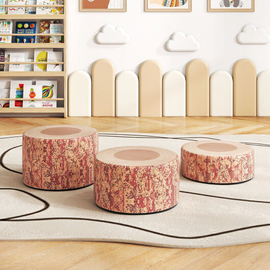 3-Piece Tree Stump Stool Set with Wood Printing Nature Decoration-Dark Walnut - Color: Dark Walnut