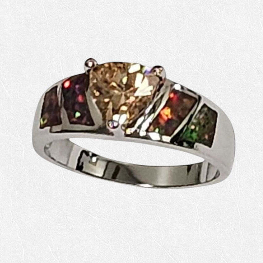 Color: CHAMPAGNE RED,Size: Ring Size - 10 - Opal Love Silver Rings With CZ In 5 Colors