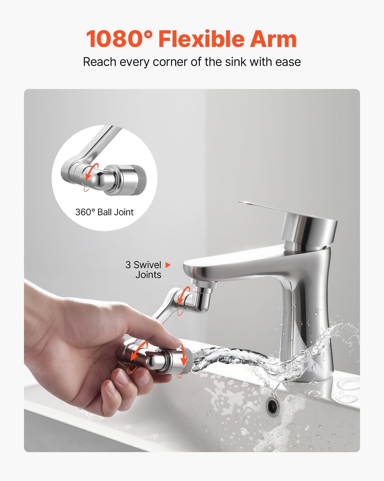 1080?° Swivel Faucet Extender, 2 Sprayer Modes Sink Water Faucet Aerator Extension, Kitchen Bathroom Rotatable Spray Attachment with Brass Robotic Arm, Rotating Splash Filter Wash Hand/Hair/Face