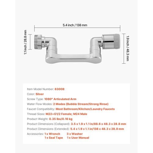 1080?° Swivel Faucet Extender, 2 Sprayer Modes Sink Water Faucet Aerator Extension, Kitchen Bathroom Rotatable Spray Attachment with Brass Robotic Arm, Rotating Splash Filter Wash Hand/Hair/Face