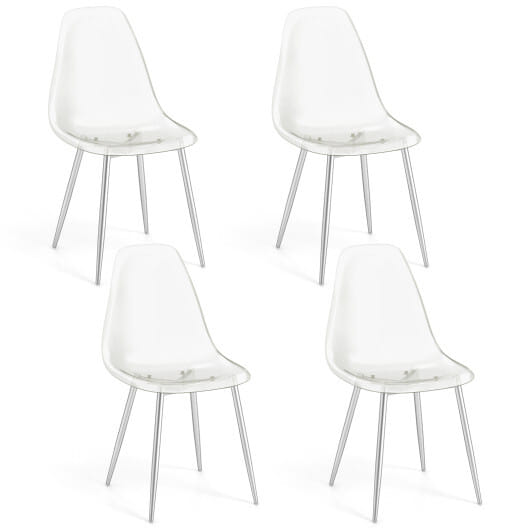 Set of 4 Dining Chairs Modern Plastic Shell Side Chair with Clear Seat and Wood Legs-Silver - Color: Silver