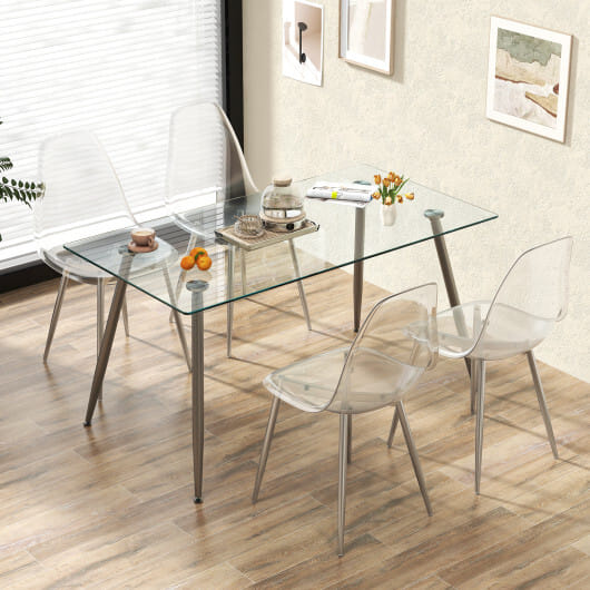 Set of 4 Dining Chairs Modern Plastic Shell Side Chair with Clear Seat and Wood Legs-Silver - Color: Silver